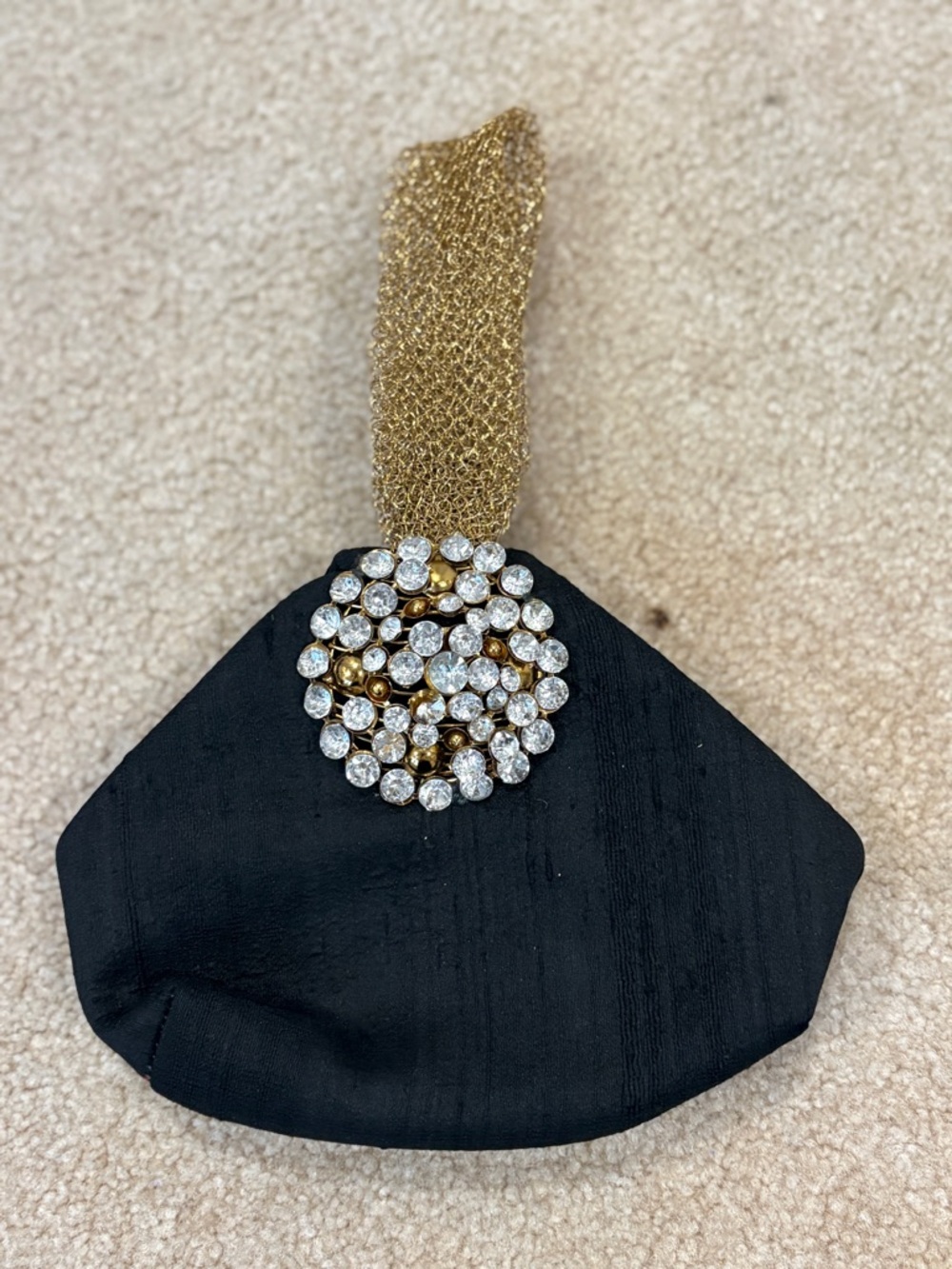 Source Unknown Black Evening Clutch with Gold Mesh Wristlet and Crystal Cluster